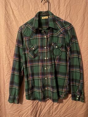 Wrangler Green Plaid Flannel Shirt with Navy and Orange Accents